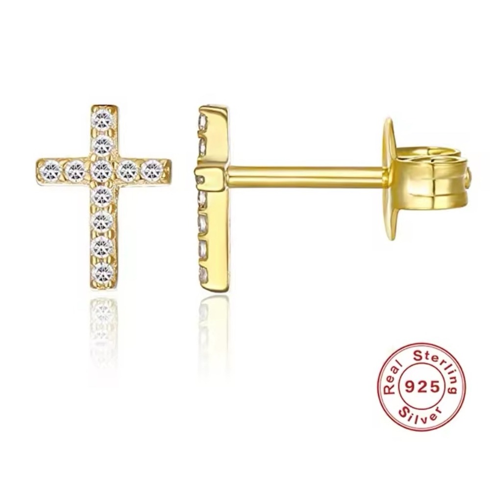 925 Silver Cross Earrings 14k Gold Overlay Cubic‎ Zirconia Studs Religious